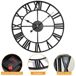 Large Skeleton Metal Roman Wall Clock Big Numerals Giant Round Open Face Clocks Black 40Cm - thumbnail 2