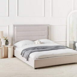 Wyld And Coco Padded Headboard Bedstead Light Beige Polyester For Eu Double 4Ft6 (135 Cm) - Eucalyptus Frame, Matt Finish - thumbnail 2