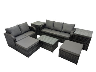 Fimous Outdoor Love Sofa 3 Seater Sofa Coffee Table Set Garden Rattan Furniture Set 7 Seater With 2 Side Tables 2 Big Stool - image 1