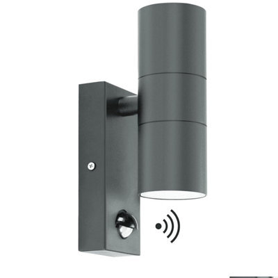 Kerry Outdoor Wall Lights, Up And Down Lamp With Motion Sensor, Ip 44 Anthracite Grey Stainless Steel Outside Lighting Mains