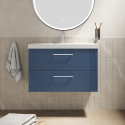 Balterley Belvide Partial Fluted 2 Drawer Wall Hung Vanity Unit With 1 Tap Hole Thin-Edge Basin - 800mm - Satin Blue - thumbnail 2