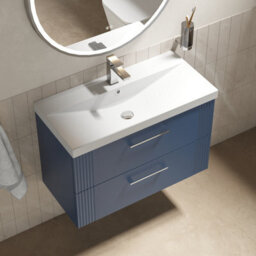 Balterley Belvide Partial Fluted 2 Drawer Wall Hung Vanity Unit With 1 Tap Hole Thin-Edge Basin - 800mm - Satin Blue - thumbnail 5