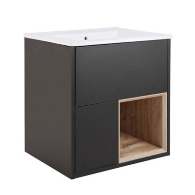 Homestylestore Black Grey 612mm Wall Hung Bathroom Vanity Unit Open Shelf And Chalk Basin - image 1