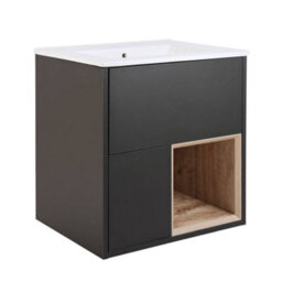 Homestylestore Black Grey 612mm Wall Hung Bathroom Vanity Unit Open Shelf And Chalk Basin - thumbnail 1
