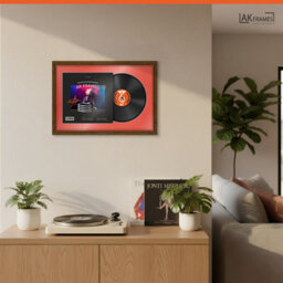 "AK Frames 25X17"" Dark Oak Modern Vinyl Record Frame With Poppy Red Mount For 12 Inch Lp Cover & Disc - Overlapped Design" - thumbnail 5
