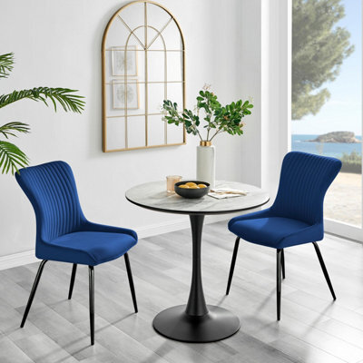 Furniturebox Uk Elina White Marble Effect Round Dining Table & 2 Blue Nora Black Leg Chairs - image 1