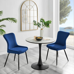 Furniturebox Uk Elina White Marble Effect Round Dining Table & 2 Blue Nora Black Leg Chairs - thumbnail 1