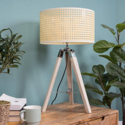 Valuelights Clipper Modern Distressed Wood And Silver Chrome Tripod Table Lamp With Cream Rattan Shade - thumbnail 4