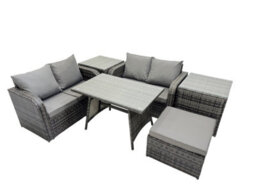 Fimous 5 Seater Garden Outdoor Rattan Furniture Set Rattan Sofa Oblong Dining Table With 2 Side Table Dark Grey - thumbnail 1