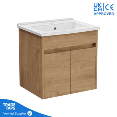 Vitra 600mm Wall Hung Bathroom Vanity Unit With 2 Doors & Basin - Golden Oak