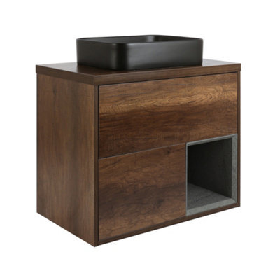 Homestylestore Dark Oak 800mm Led Lit Wall Hung Bathroom Vanity Unit Rectangular Countertop Graphite Basin Open Shelf - image 1