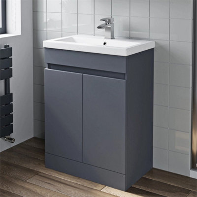 Bathroom Vanity Unit Freestanding Basin Sink Cabinet Furniture Gloss Grey 600mm - image 1