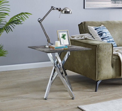 Furniturebox Uk Leonardo Side Table With Grey Glass Marble Effect Top And Silver Legs - image 1