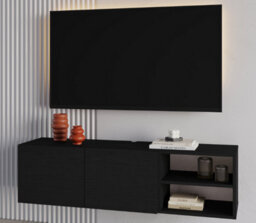 Decortie Conrad Modern Tv Unit Media Unit Entertainment Centre 140Cm With 2 Door Storage Cabinet For 50 Inch Tvs Black Wood - thumbnail 6