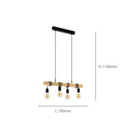 Eglo Townshend Black/natural Metal & Wood 4-Light Geometric Pendant - Industrial Style (D) 110Cm - thumbnail 6