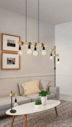 Eglo Townshend Black/natural Metal & Wood 4-Light Geometric Pendant - Industrial Style (D) 110Cm - thumbnail 4