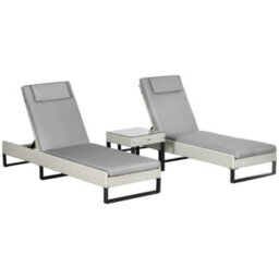 Outsunny Rattan Sun Lounger Set W/ Cushions, 5-Level Chaise Lounge Chairs, Grey - thumbnail 2