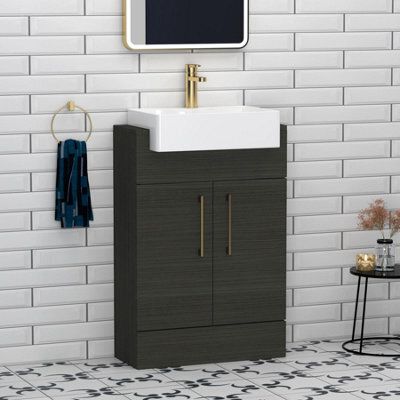 Royal Bathrooms Elena 600mm Charcoal Oak Floor Standing Bathroom Vanity Unit 2 Door Brushed Brass Handle & Semi Recessed Basin - image 1