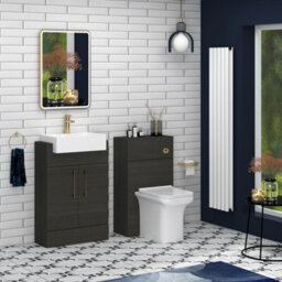 Royal Bathrooms Elena 600mm Charcoal Oak Floor Standing Bathroom Vanity Unit 2 Door Brushed Brass Handle & Semi Recessed Basin - thumbnail 4