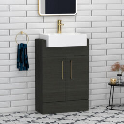 Royal Bathrooms Elena 600mm Charcoal Oak Floor Standing Bathroom Vanity Unit 2 Door Brushed Brass Handle & Semi Recessed Basin - thumbnail 1