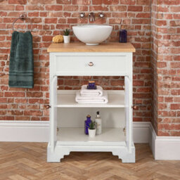 Homestylestore 645mm Antique White And Oak Bathroom Vanity Unit With Round Countertop Basin And Bronze Round Handles - thumbnail 3