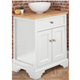Homestylestore 645mm Antique White And Oak Bathroom Vanity Unit With Round Countertop Basin And Bronze Round Handles