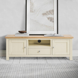 Farro Cream 140Cm Wide Tv Unit - Fully Assembled - Painted With Oak Top By Roseland Furniture - thumbnail 2