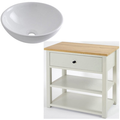 Homestylestore 840mm Antique White And Oak Bathroom Vanity Unit With Round Countertop Basin And Black Round Handle - image 1