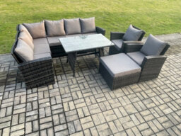 Fimous High Back Outdoor Garden Furniture Set Rattan Corner Sofa Dining Table Set With Big Footstool Armchair - thumbnail 1
