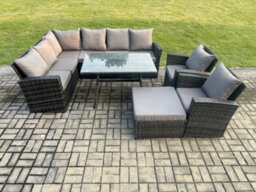 Fimous High Back Outdoor Garden Furniture Set Rattan Corner Sofa Dining Table Set With Big Footstool Armchair - thumbnail 2