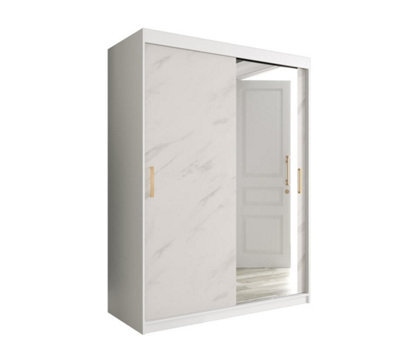 Arte Stylish White Geneva T2 Sliding Door Wardrobe W1500mm H2000mm D620mm - Modern Design, Mirrored Door, Gold Handles - image 1