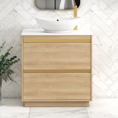 Royal Bathrooms Orion 800mm Natural Oak Floor Standing Plain White Countertop Vanity Unit 2 Drawer With Amaze Basin & Brushed Brass Accent Trim - image 1