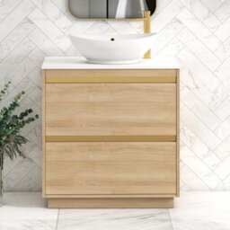Royal Bathrooms Orion 800mm Natural Oak Floor Standing Plain White Countertop Vanity Unit 2 Drawer With Amaze Basin & Brushed Brass Accent Trim - thumbnail 2