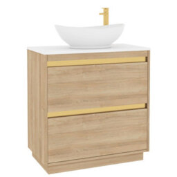 Royal Bathrooms Orion 800mm Natural Oak Floor Standing Plain White Countertop Vanity Unit 2 Drawer With Amaze Basin & Brushed Brass Accent Trim - thumbnail 6