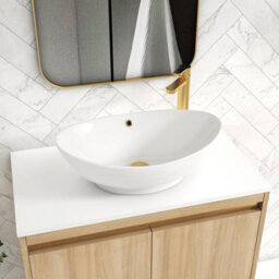 Royal Bathrooms Orion 800mm Natural Oak Floor Standing Plain White Countertop Vanity Unit 2 Drawer With Amaze Basin & Brushed Brass Accent Trim - thumbnail 5