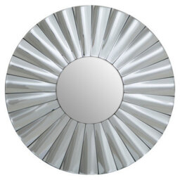Orsina Contemporary Round Silver Wall Mirror, Sculptural Decorative Mirror With Radial Pattern, Statement Wall Décor