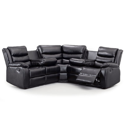 Furnishings For Less UK Minnesota Black Leather Reclining Corner Sofa 5 Seater Manual Recliner Comfortable Padded Arms - image 1