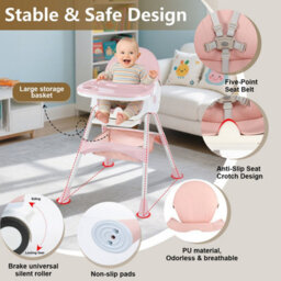 3In1 Pink Baby High Chair Adjustable Height High Chair Baby Dining Chair/rocking - thumbnail 3