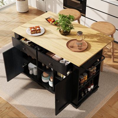 Matteo Black Kitchen Island Storage Trolley With Foldable Worktop, Integrated Power Strip, Drawers & Wheels - Mdf - image 1