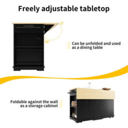 Matteo Black Kitchen Island Storage Trolley With Foldable Worktop, Integrated Power Strip, Drawers & Wheels - Mdf - thumbnail 8