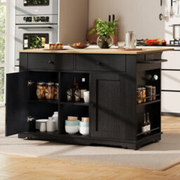 Matteo Black Kitchen Island Storage Trolley With Foldable Worktop, Integrated Power Strip, Drawers & Wheels - Mdf - thumbnail 2