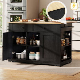 Matteo Black Kitchen Island Storage Trolley With Foldable Worktop, Integrated Power Strip, Drawers & Wheels - Mdf - thumbnail 4
