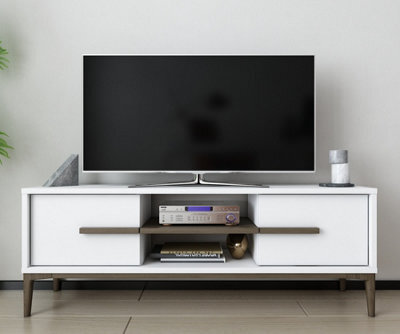 Decorotika Eslem Tv Stand, Tv Cabinet, Tv Unit With Two Shelves And Two Cabinets - White And Walnut Pattern - image 1