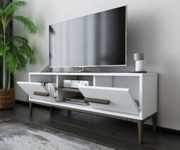 Decorotika Eslem Tv Stand, Tv Cabinet, Tv Unit With Two Shelves And Two Cabinets - White And Walnut Pattern - thumbnail 3