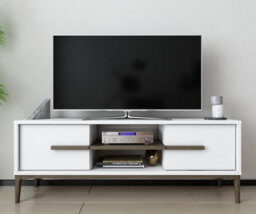 Decorotika Eslem Tv Stand, Tv Cabinet, Tv Unit With Two Shelves And Two Cabinets - White And Walnut Pattern