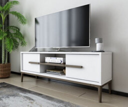 Decorotika Eslem Tv Stand, Tv Cabinet, Tv Unit With Two Shelves And Two Cabinets - White And Walnut Pattern - thumbnail 2