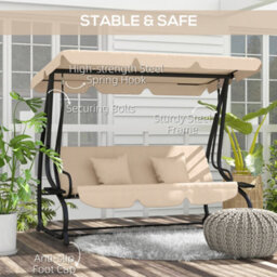 Outsunny 2-In-1 Garden Swing Chair For 3 Person W/ 2 Pillows, Light Brown - thumbnail 6