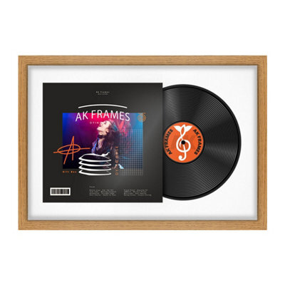 "AK Frames 25X17"" Oak Modern Vinyl Record Frame With White Mount For 12 Inch Lp Cover & Disc - Overlapped Design" - image 1