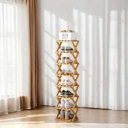 Living And Home Light Brown 8-Tier Bamboo Folding Shoe Rack - thumbnail 5