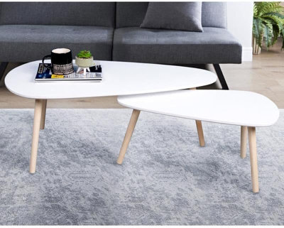 Spot On Dealz Nest Of 2 Coffee Tables Stylish Tear Shaped Design White Modern Nesting Tables With 12mm Mdf Top And Pine Wood Legs - image 1